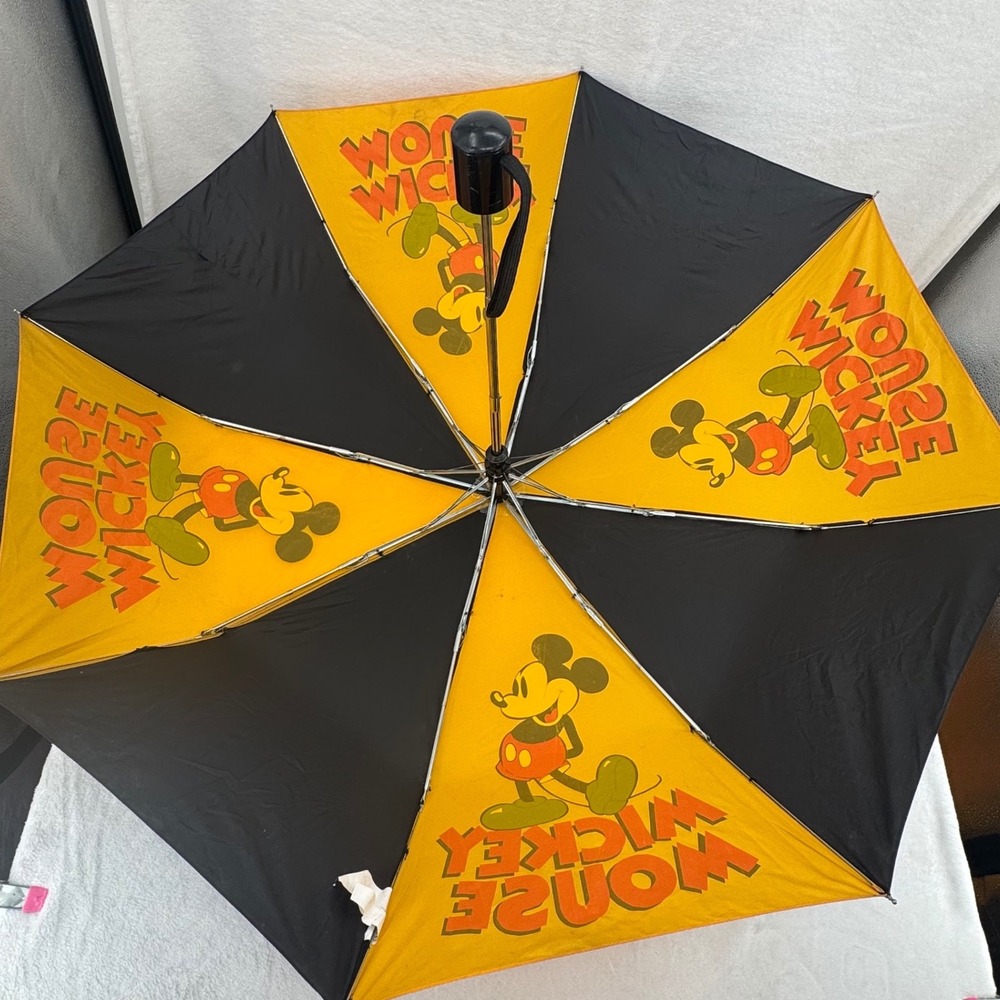 Vintage 1990s Disney Mickey Mouse Yellow & Black Umbrella Retro Classic Graphic - Picture 3 of 5